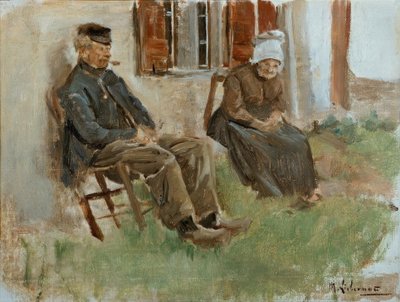 Studie uit Holland: Oud paar zittend voor een huis door Max Liebermann
